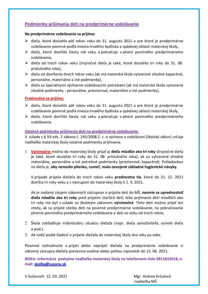 zápis do MŠ sučany